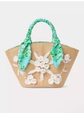 NWT Lilly Pulitzer Straw Bag with Turquoise Scarf Handles